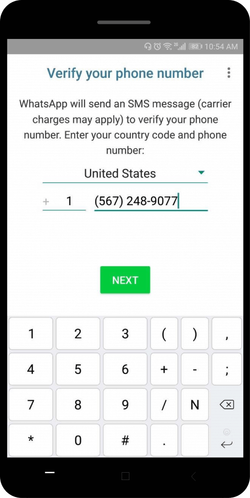 enter virtual phone number on whatsapp enter the number