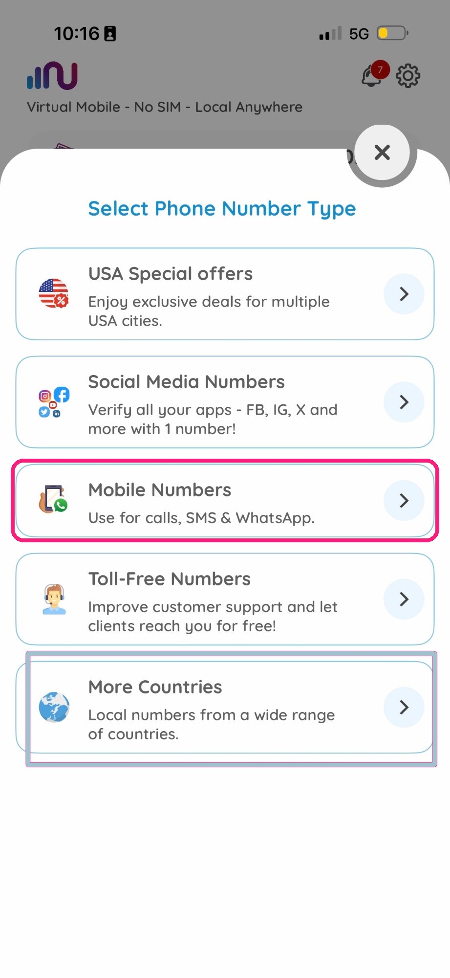 Numero eSIM Select Phone Number Type screen with Mobile Numbers highlighted