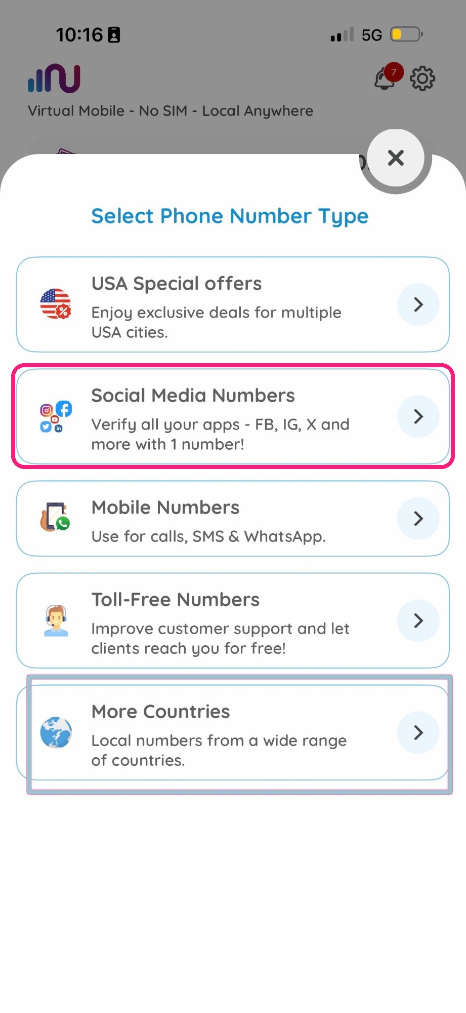 Numero eSIM Select Phone Number Type screen with Social Media Numbers highlighted