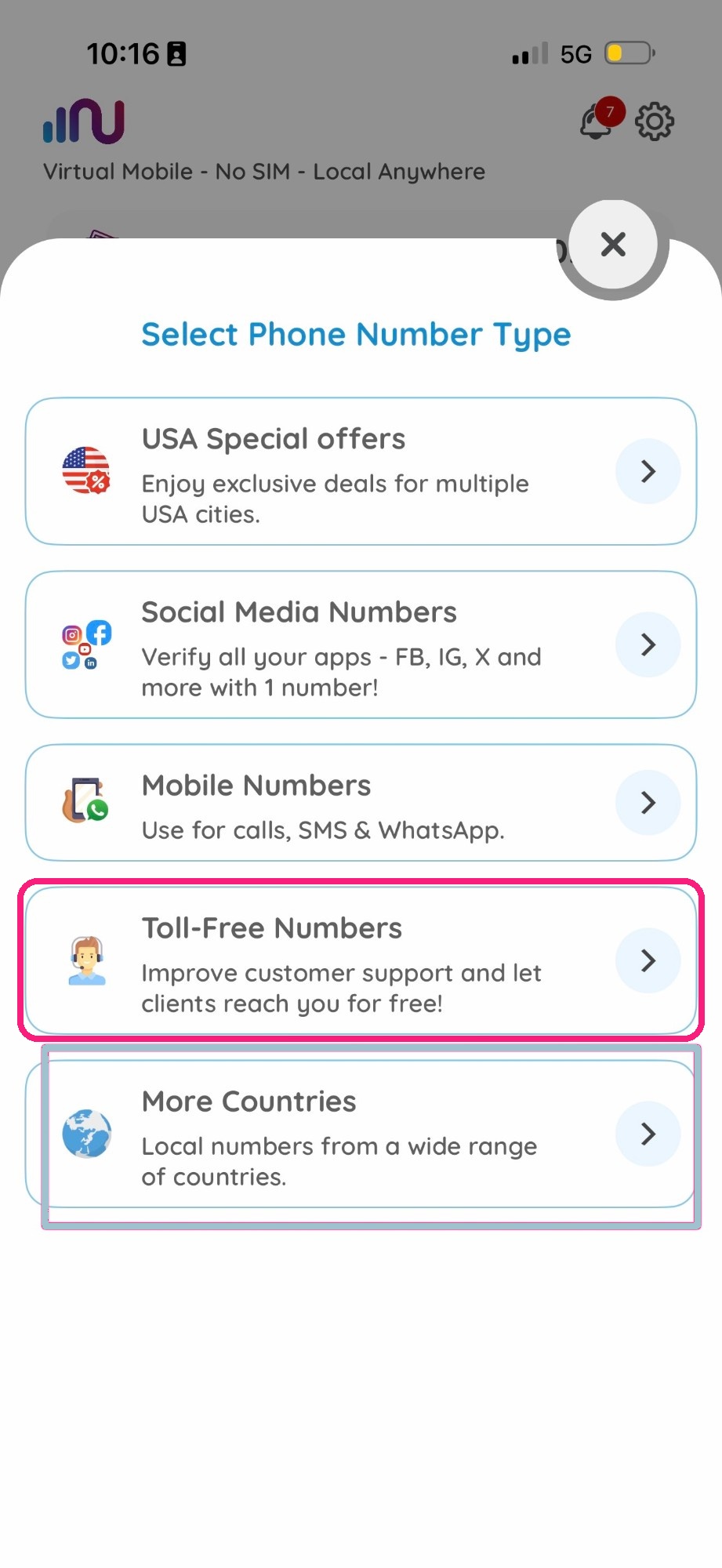 Numero eSIM Select Phone Number Type screen with Toll-Free Numbers highlighted