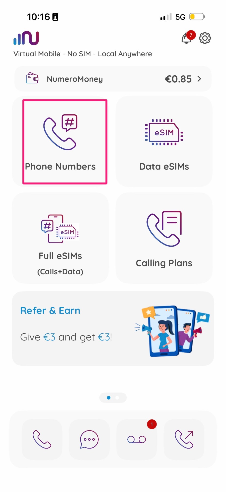 Numero eSIM app home screen with the Phone Numbers option highlighted